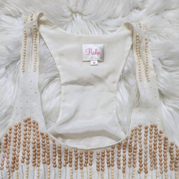 Parker Women’s Tan Cream Beaded Sleeveless Mini Dress Size M - Picture 5 of 17